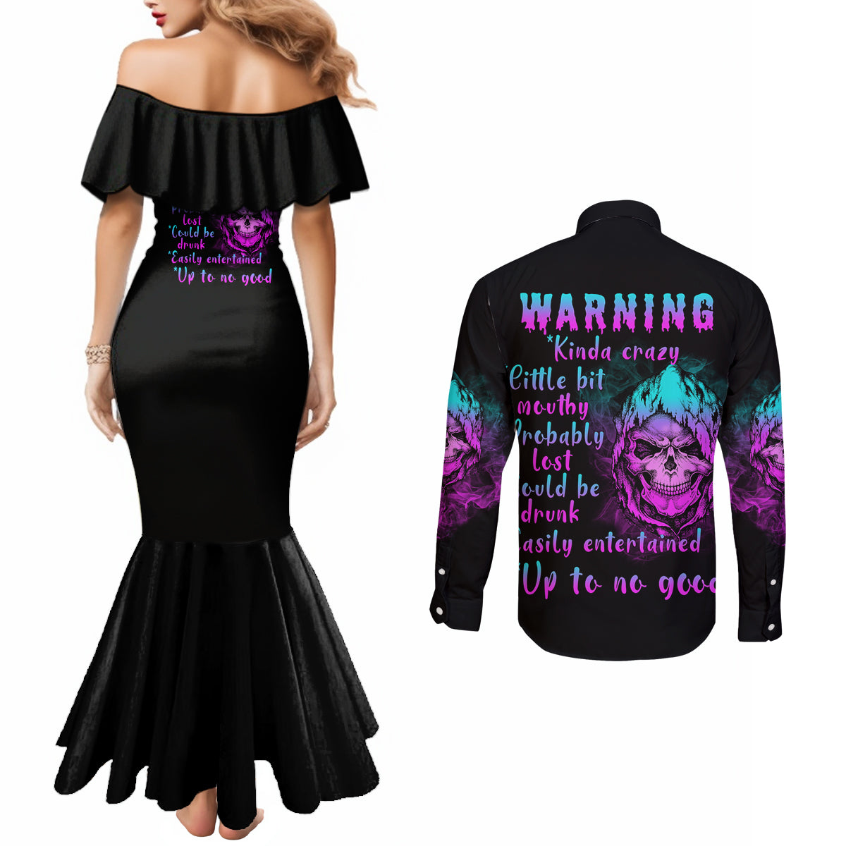 warning-kinda-crazy-skull-couples-matching-mermaid-dress-and-long-sleeve-button-shirt