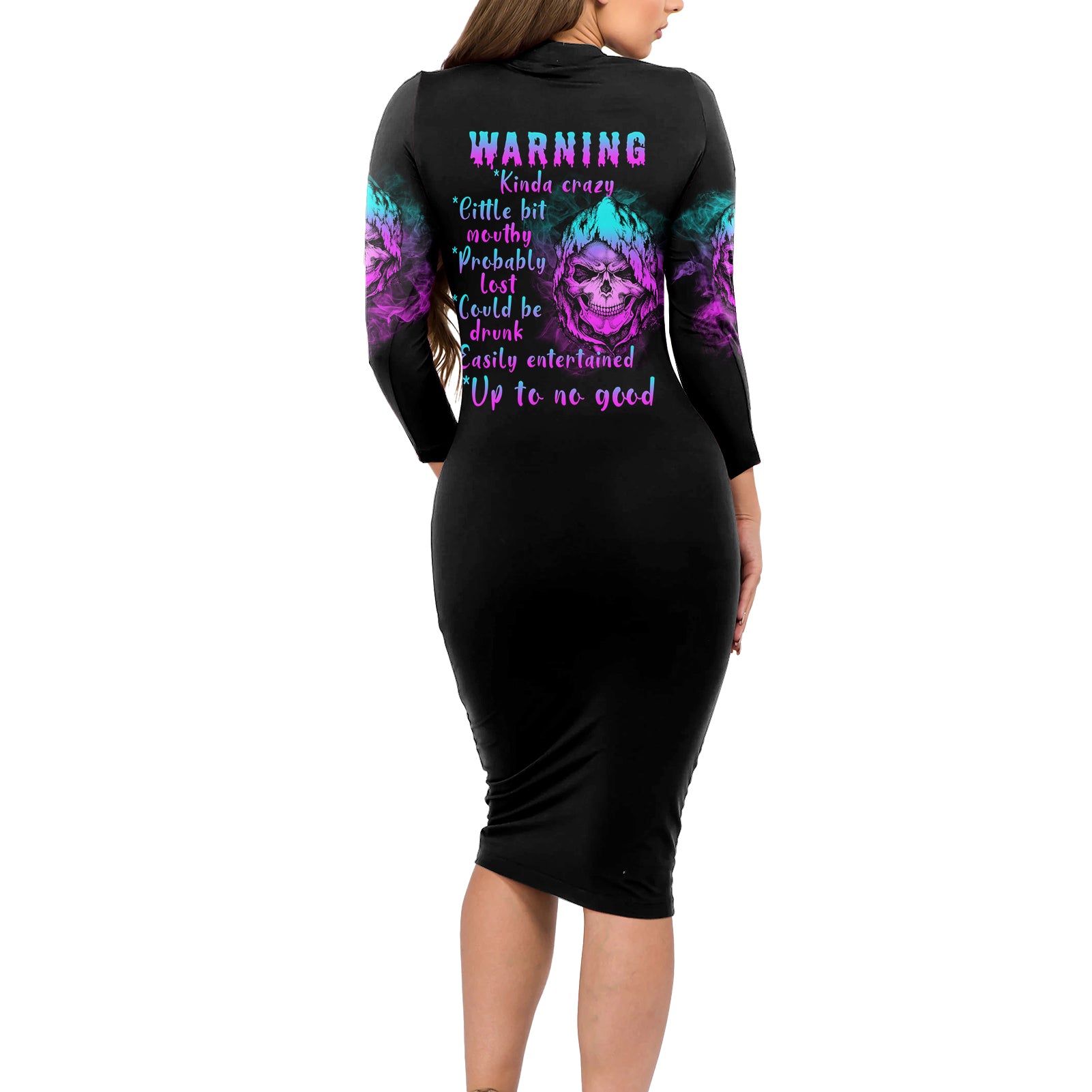 warning-kinda-crazy-skull-long-sleeve-bodycon-dress