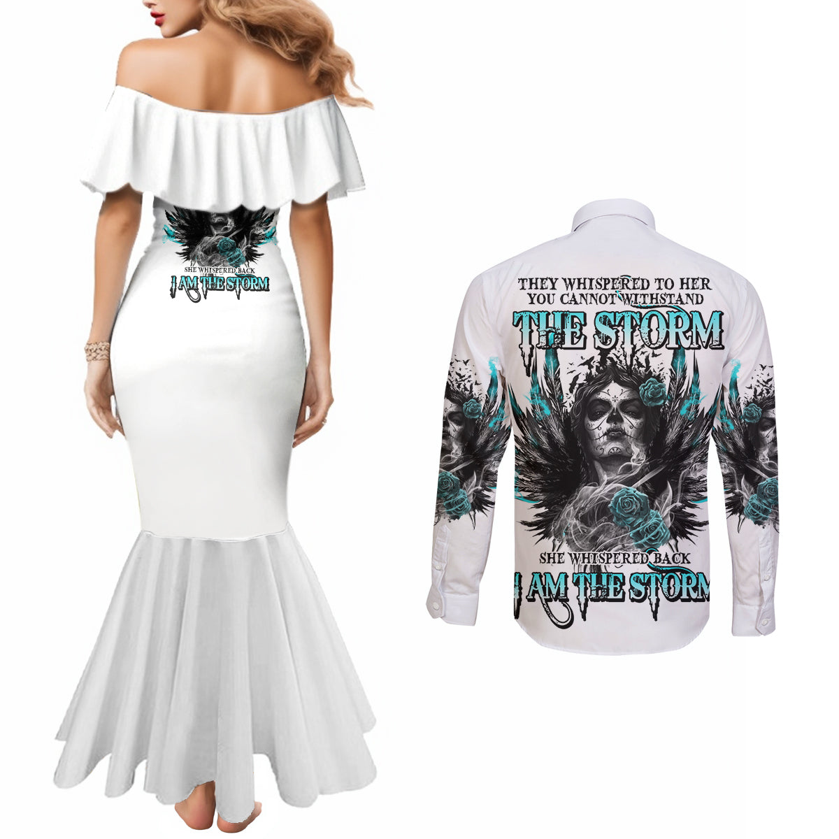 i-am-the-storm-sugar-skull-couples-matching-mermaid-dress-and-long-sleeve-button-shirt