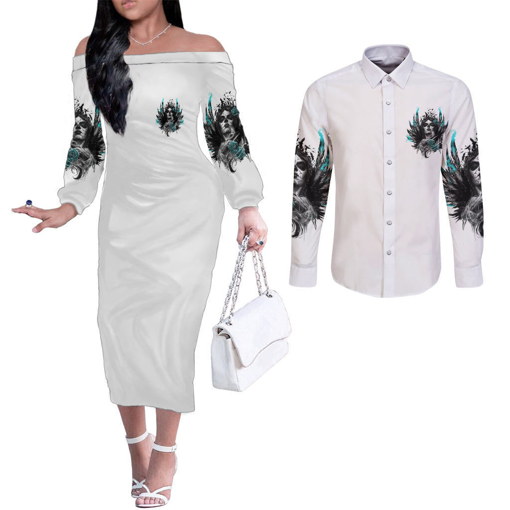 i-am-the-storm-sugar-skull-couples-matching-off-the-shoulder-long-sleeve-dress-and-long-sleeve-button-shirt