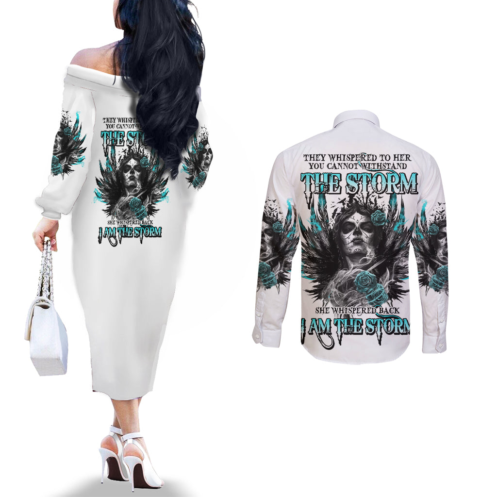i-am-the-storm-sugar-skull-couples-matching-off-the-shoulder-long-sleeve-dress-and-long-sleeve-button-shirt