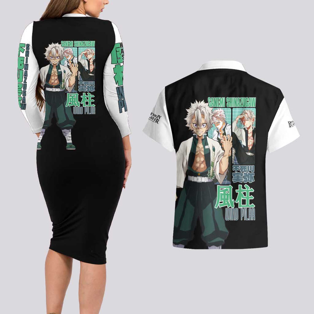 Sanemi Shinazugawa V2 Demon Slayer Couples Matching Long Sleeve Bodycon Dress and Hawaiian Shirt Anime Style