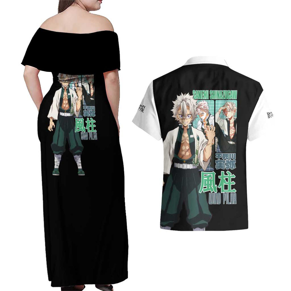 Sanemi Shinazugawa V2 Demon Slayer Couples Matching Off Shoulder Maxi Dress and Hawaiian Shirt Anime Style