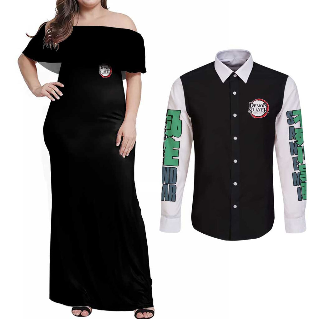 Sanemi Shinazugawa V2 Demon Slayer Couples Matching Off Shoulder Maxi Dress and Long Sleeve Button Shirt Anime Style