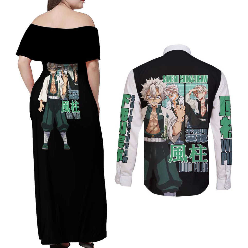 Sanemi Shinazugawa V2 Demon Slayer Couples Matching Off Shoulder Maxi Dress and Long Sleeve Button Shirt Anime Style