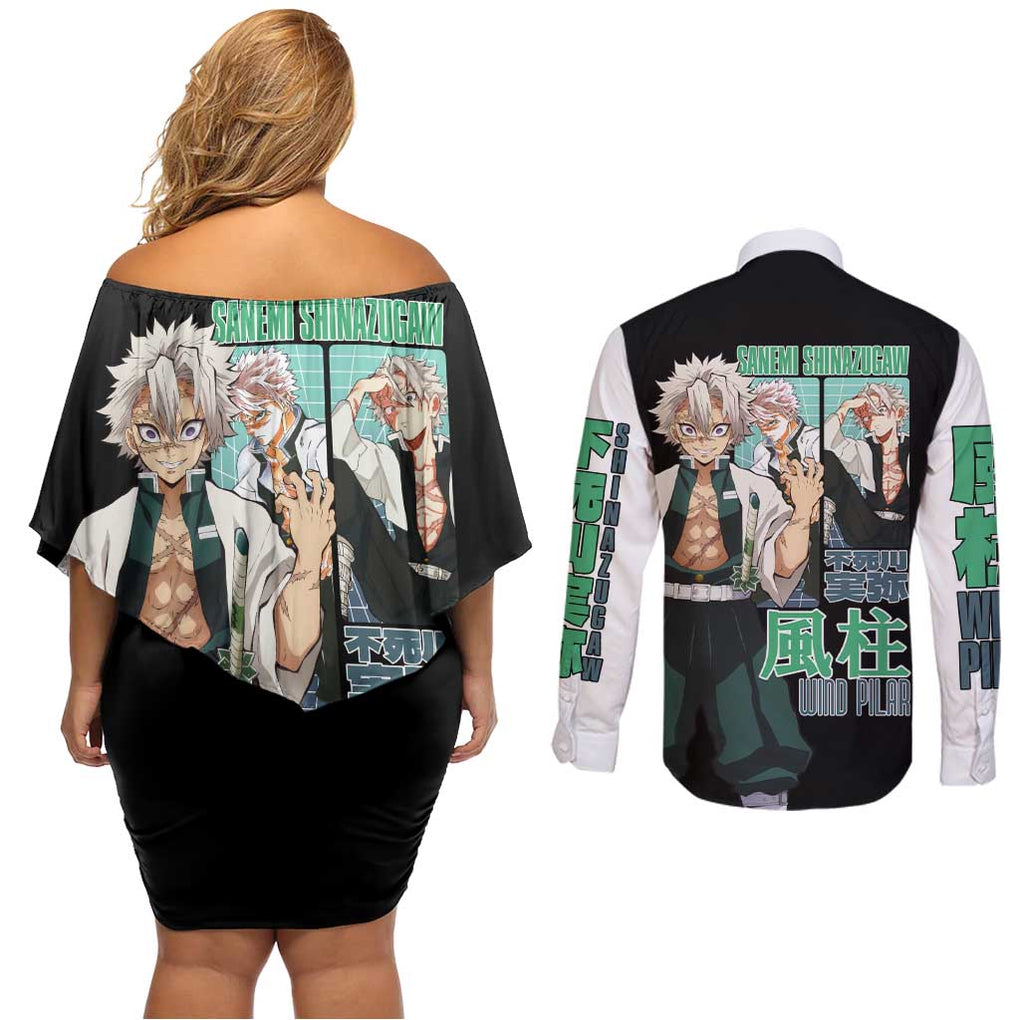 Sanemi Shinazugawa V2 Demon Slayer Couples Matching Off Shoulder Short Dress and Long Sleeve Button Shirt Anime Style