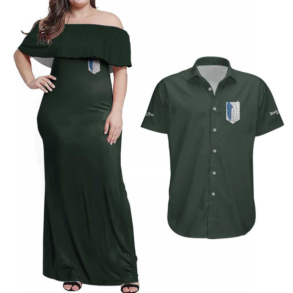 Eren Yeager - Attack on Titan Couples Matching Off Shoulder Maxi Dress and Hawaiian Shirt Japan Anime Style