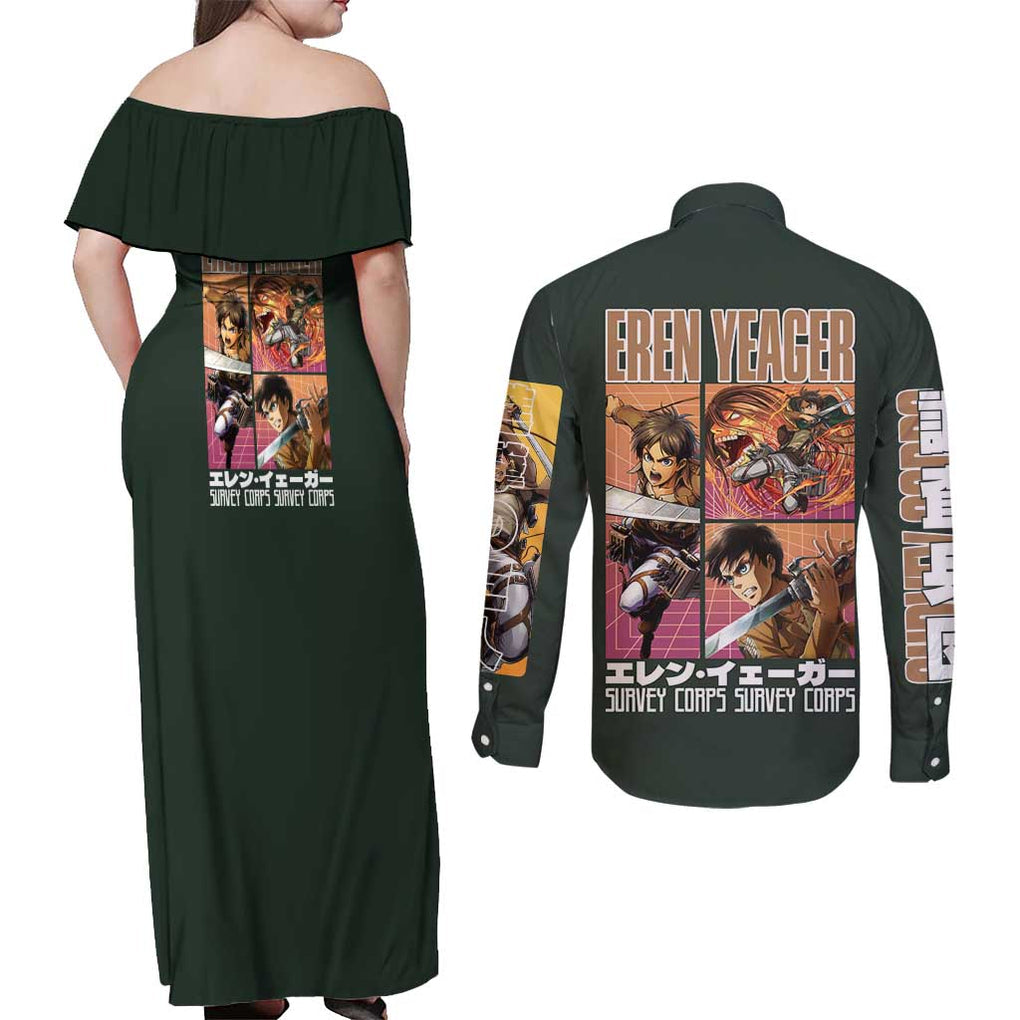 Eren Yeager - Attack on Titan Couples Matching Off Shoulder Maxi Dress and Long Sleeve Button Shirt Japan Anime Style