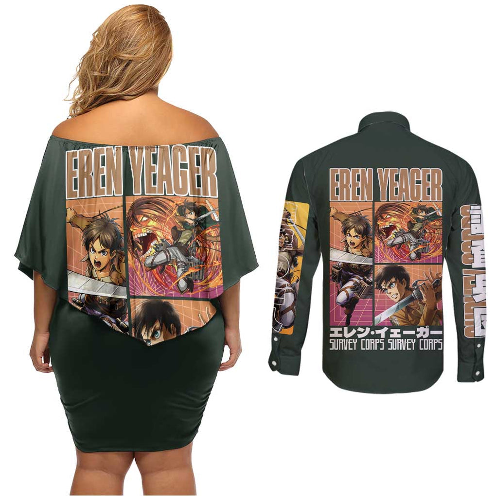 Eren Yeager - Attack on Titan Couples Matching Off Shoulder Short Dress and Long Sleeve Button Shirt Japan Anime Style