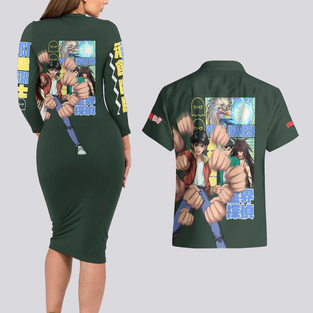 Yusuke Urameshi V3 Yuyu Hakusho Couples Matching Long Sleeve Bodycon Dress and Hawaiian Shirt Anime Style