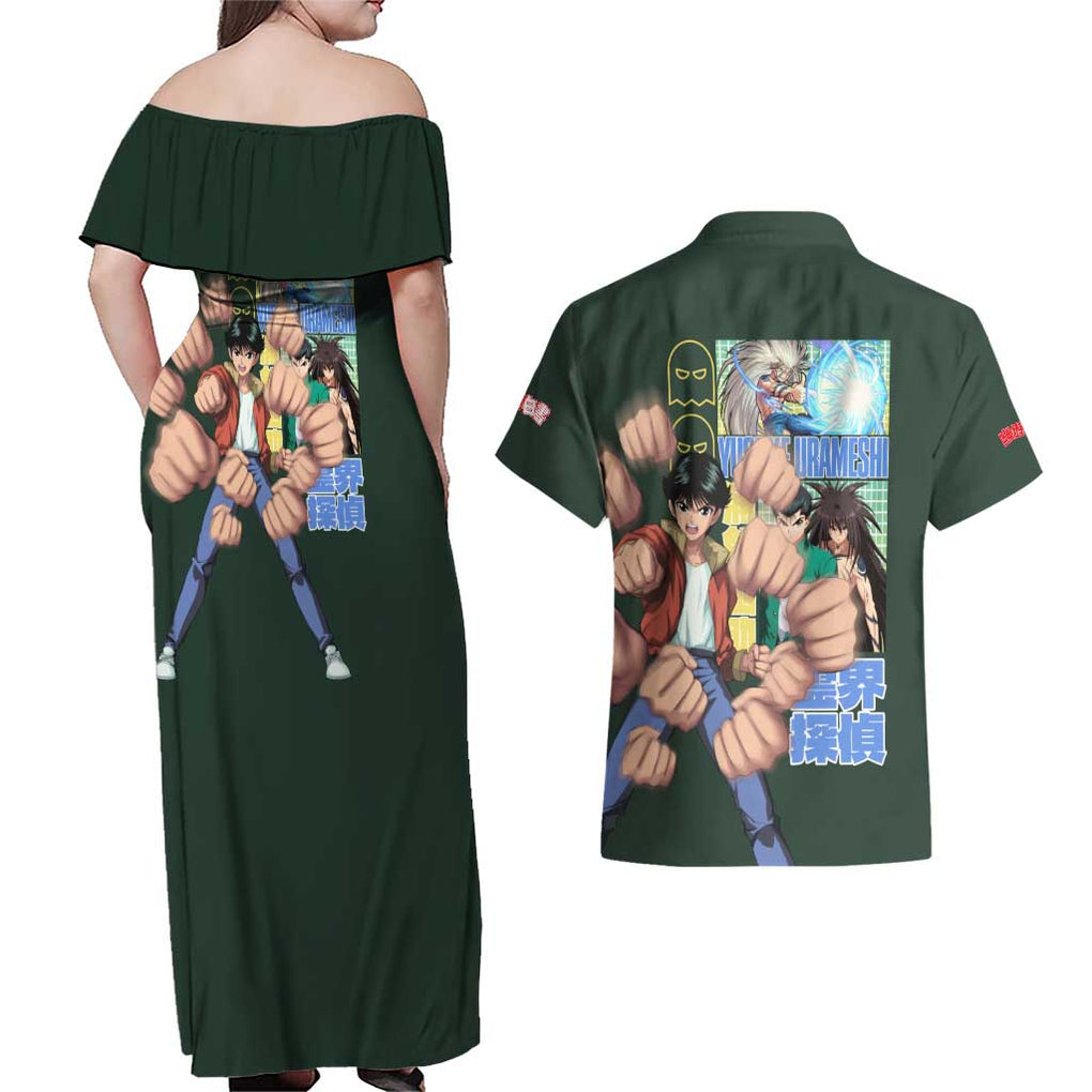 Yusuke Urameshi V3 Yuyu Hakusho Couples Matching Off Shoulder Maxi Dress and Hawaiian Shirt Anime Style