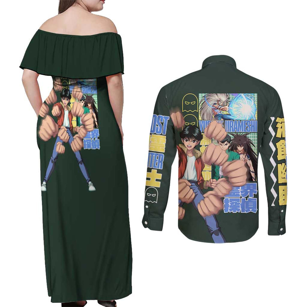 Yusuke Urameshi V3 Yuyu Hakusho Couples Matching Off Shoulder Maxi Dress and Long Sleeve Button Shirt Anime Style