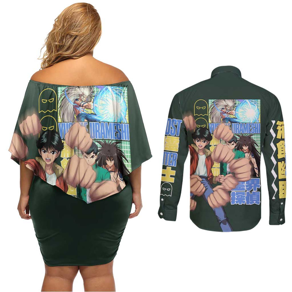 Yusuke Urameshi V3 Yuyu Hakusho Couples Matching Off Shoulder Short Dress and Long Sleeve Button Shirt Anime Style