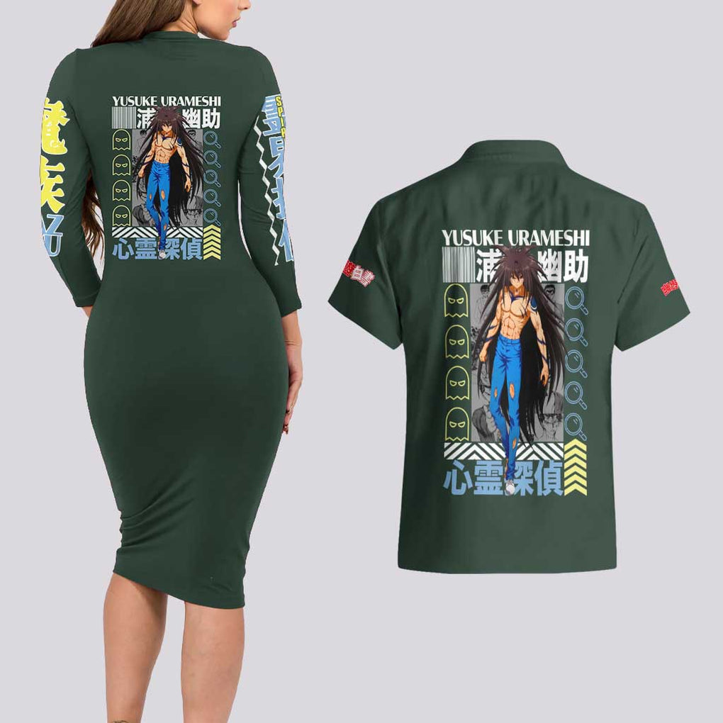 Yusuke Urameshi V2 Yuyu Hakusho Couples Matching Long Sleeve Bodycon Dress and Hawaiian Shirt Anime Style