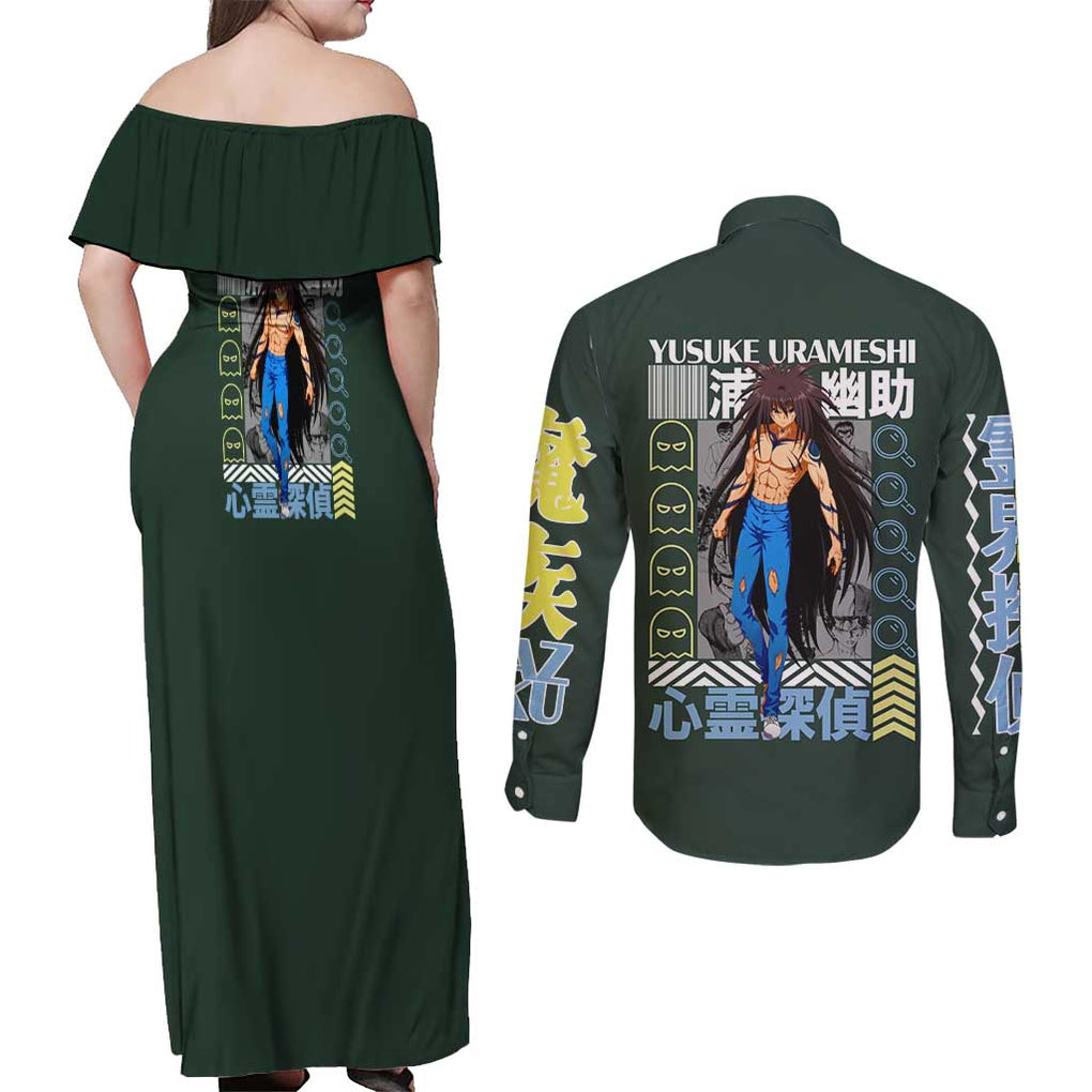 Yusuke Urameshi V2 Yuyu Hakusho Couples Matching Off Shoulder Maxi Dress and Long Sleeve Button Shirt Anime Style
