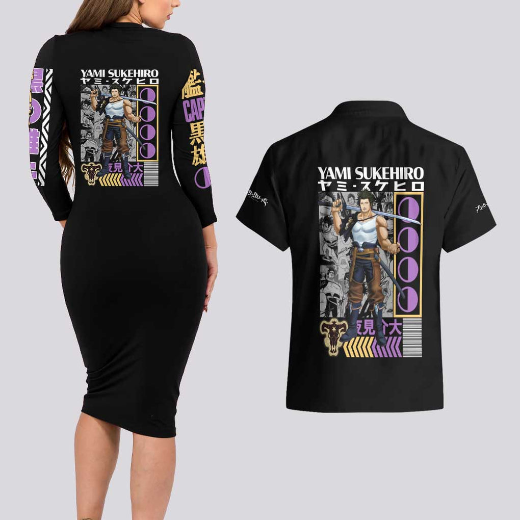 Yami Sukehiro V2 Black Clover Couples Matching Long Sleeve Bodycon Dress and Hawaiian Shirt Anime Style