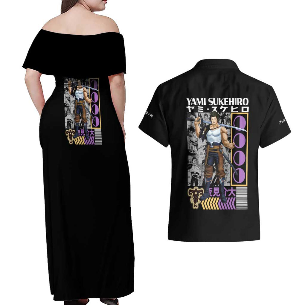 Yami Sukehiro V2 Black Clover Couples Matching Off Shoulder Maxi Dress and Hawaiian Shirt Anime Style