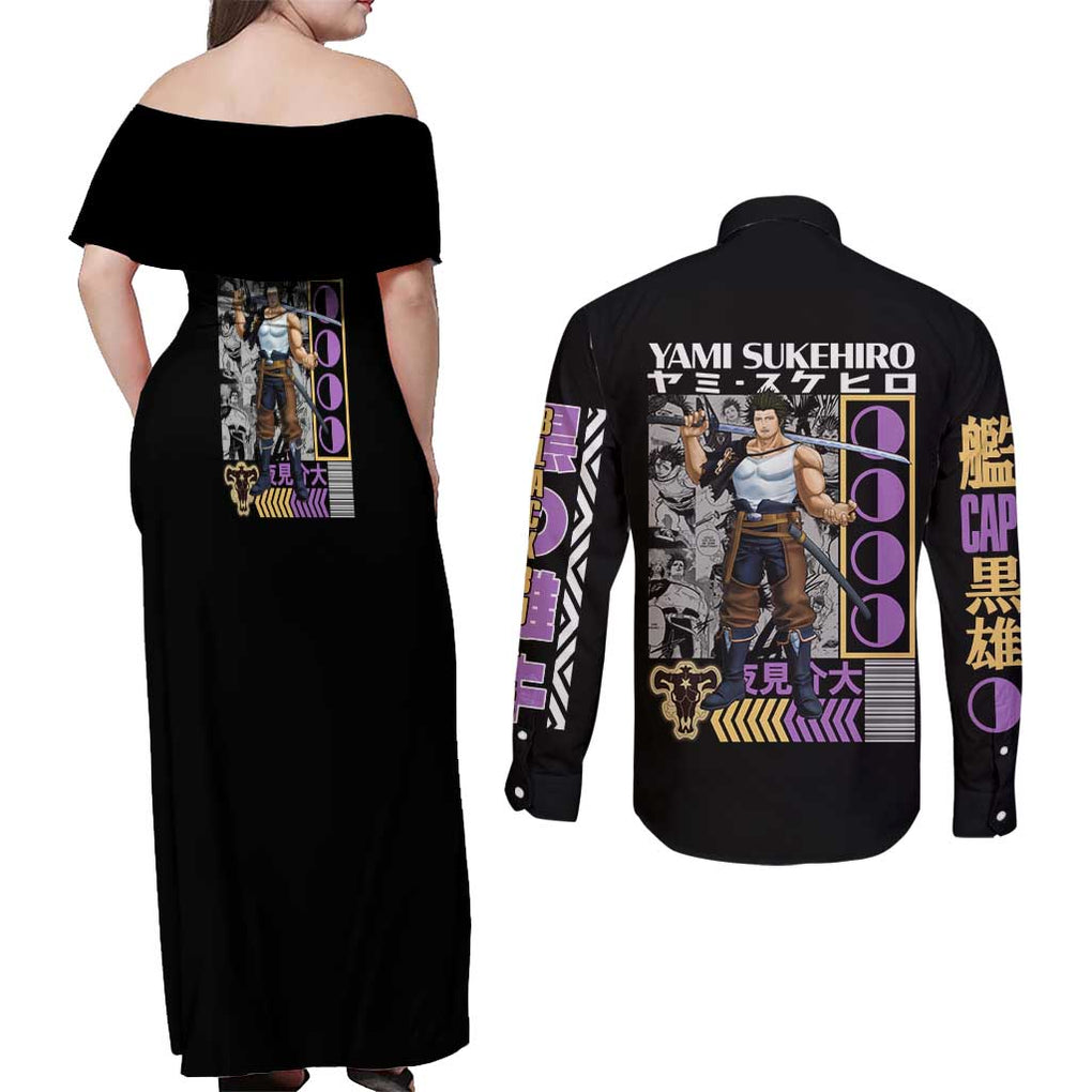 Yami Sukehiro V2 Black Clover Couples Matching Off Shoulder Maxi Dress and Long Sleeve Button Shirt Anime Style