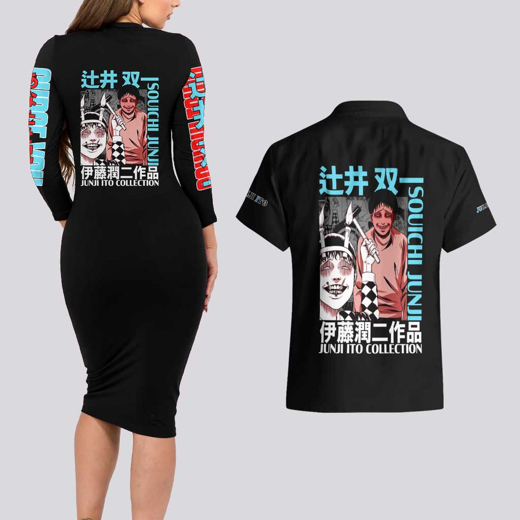 Souichi Junji Ito Collection Couples Matching Long Sleeve Bodycon Dress and Hawaiian Shirt Anime Style