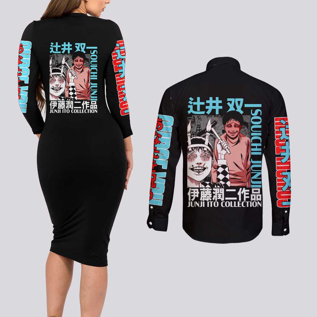 Souichi Junji Ito Collection Couples Matching Long Sleeve Bodycon Dress and Long Sleeve Button Shirt Anime Style
