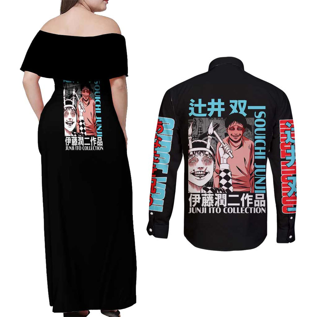 Souichi Junji Ito Collection Couples Matching Off Shoulder Maxi Dress and Long Sleeve Button Shirt Anime Style