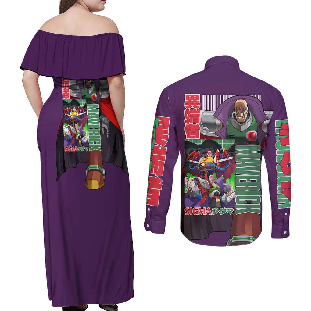 Sigma Mega Man Couples Matching Off Shoulder Maxi Dress and Long Sleeve Button Shirt Anime Style
