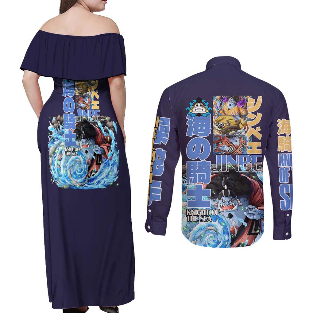 Jinbe V2 One Piece Couples Matching Off Shoulder Maxi Dress and Long Sleeve Button Shirt Anime Style