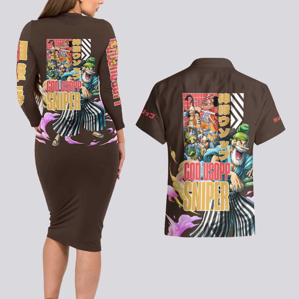 Usopp V2 One Piece Couples Matching Long Sleeve Bodycon Dress and Hawaiian Shirt Anime Style