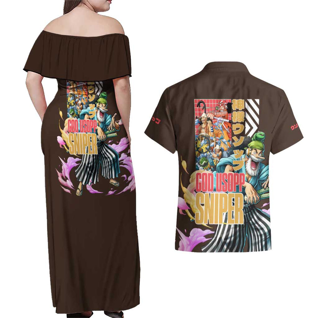 Usopp V2 One Piece Couples Matching Off Shoulder Maxi Dress and Hawaiian Shirt Anime Style