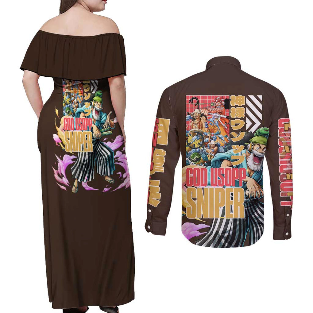 Usopp V2 One Piece Couples Matching Off Shoulder Maxi Dress and Long Sleeve Button Shirt Anime Style