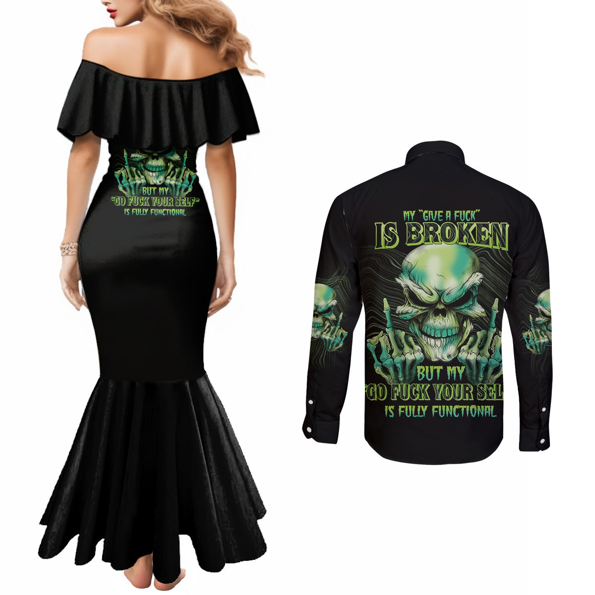 my-give-a-f-madly-skull-couples-matching-mermaid-dress-and-long-sleeve-button-shirt