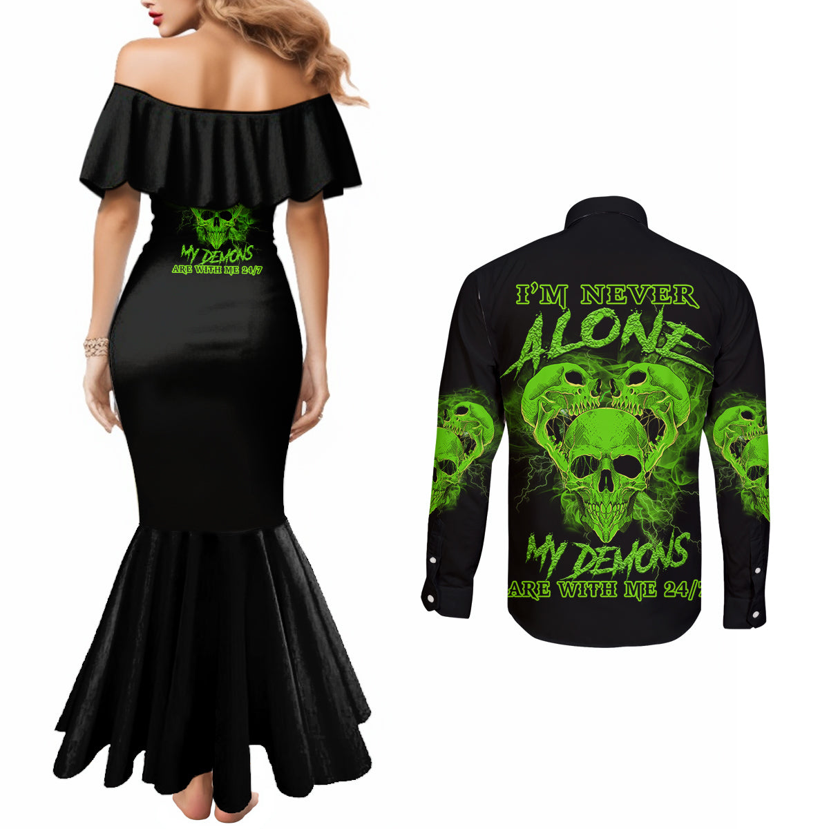 im-never-alone-skull-demon-couples-matching-mermaid-dress-and-long-sleeve-button-shirt