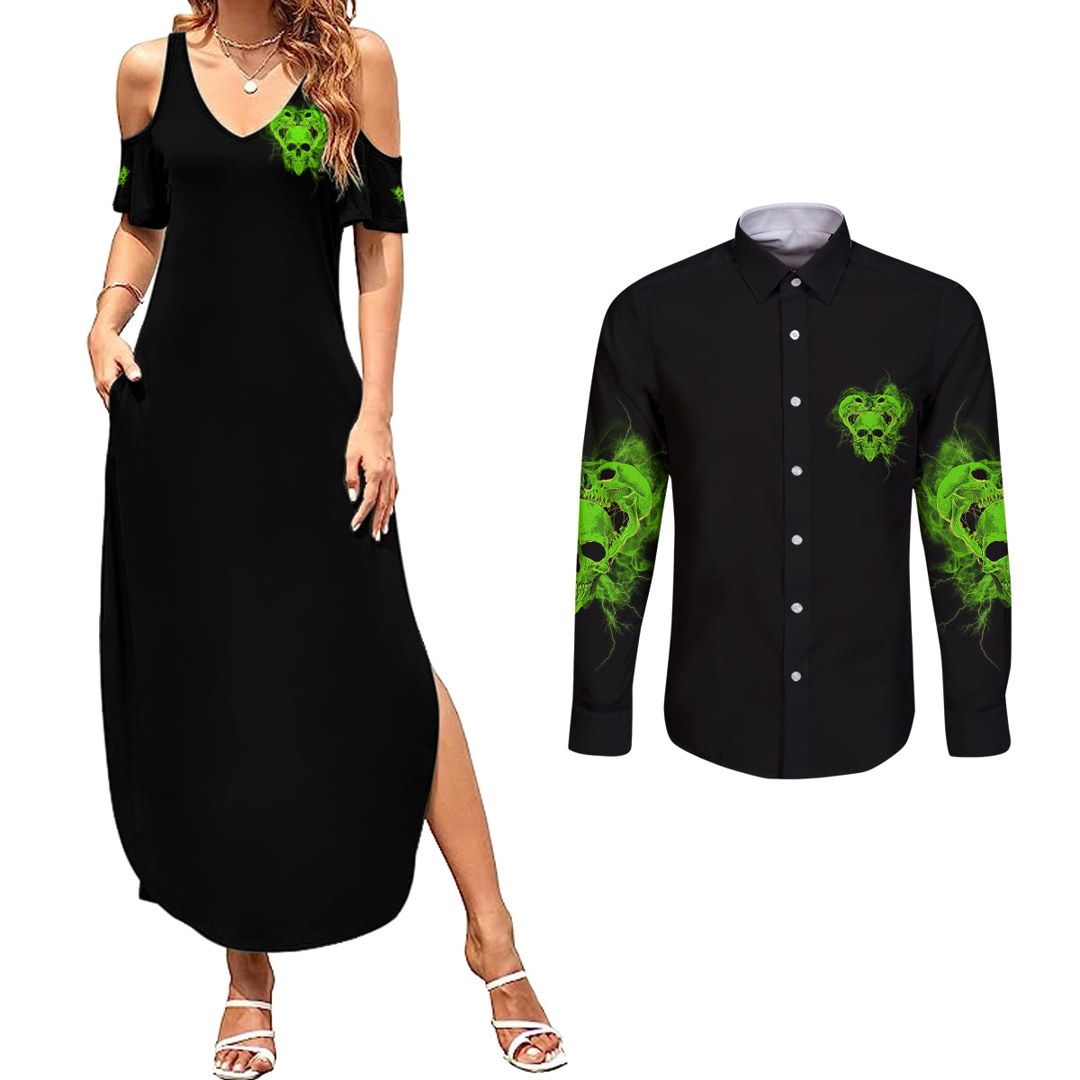 im-never-alone-skull-demon-couples-matching-summer-maxi-dress-and-long-sleeve-button-shirt