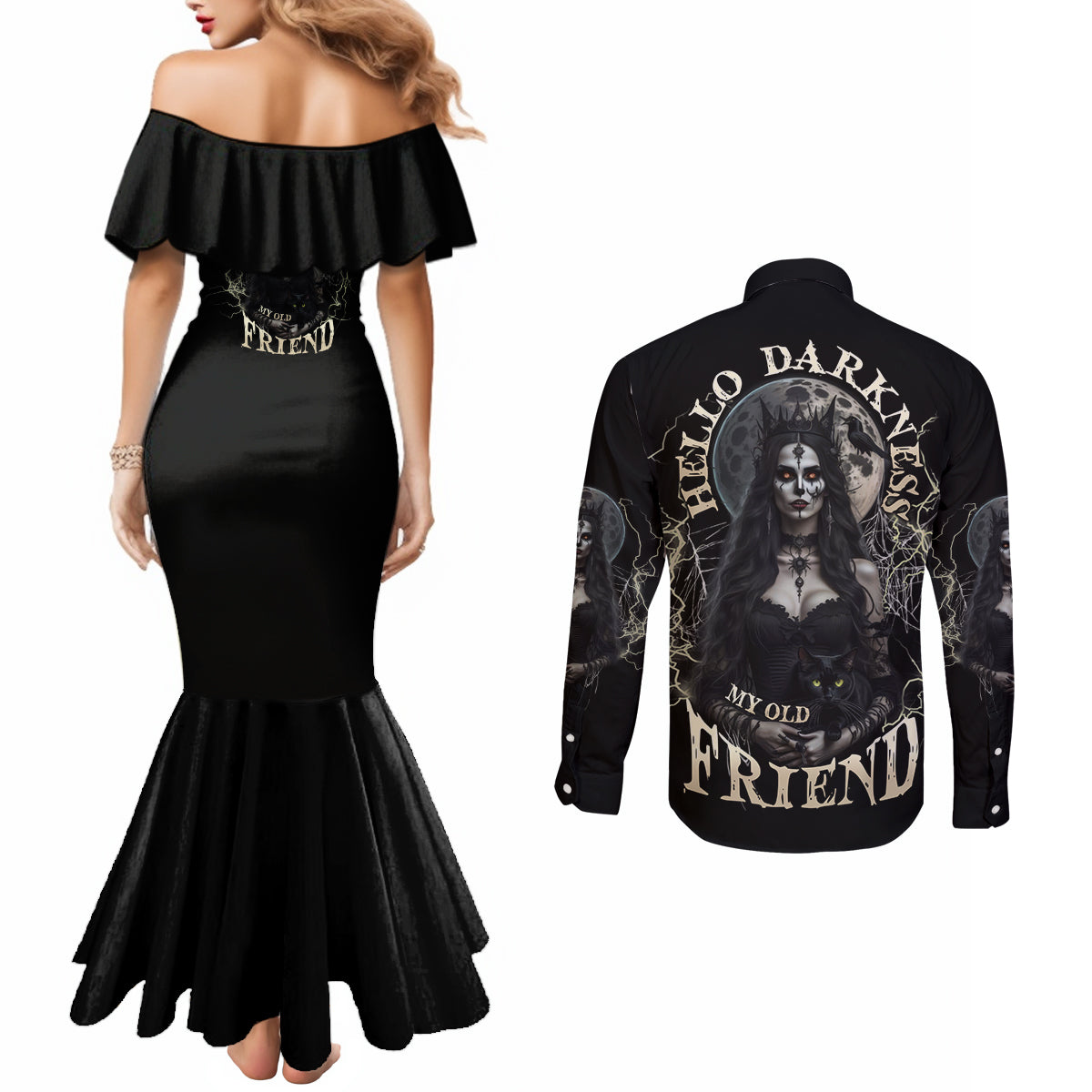 hello-darkness-my-old-friend-halloween-witch-couples-matching-mermaid-dress-and-long-sleeve-button-shirt