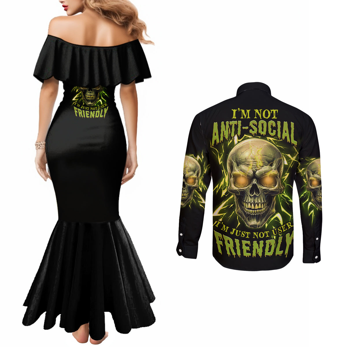 im-not-anti-social-mad-skull-couples-matching-mermaid-dress-and-long-sleeve-button-shirt