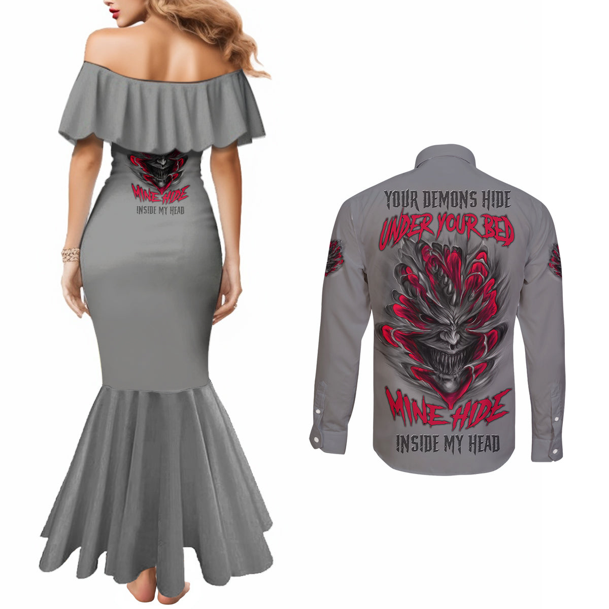 your-demons-hide-under-your-bed-couples-matching-mermaid-dress-and-long-sleeve-button-shirt