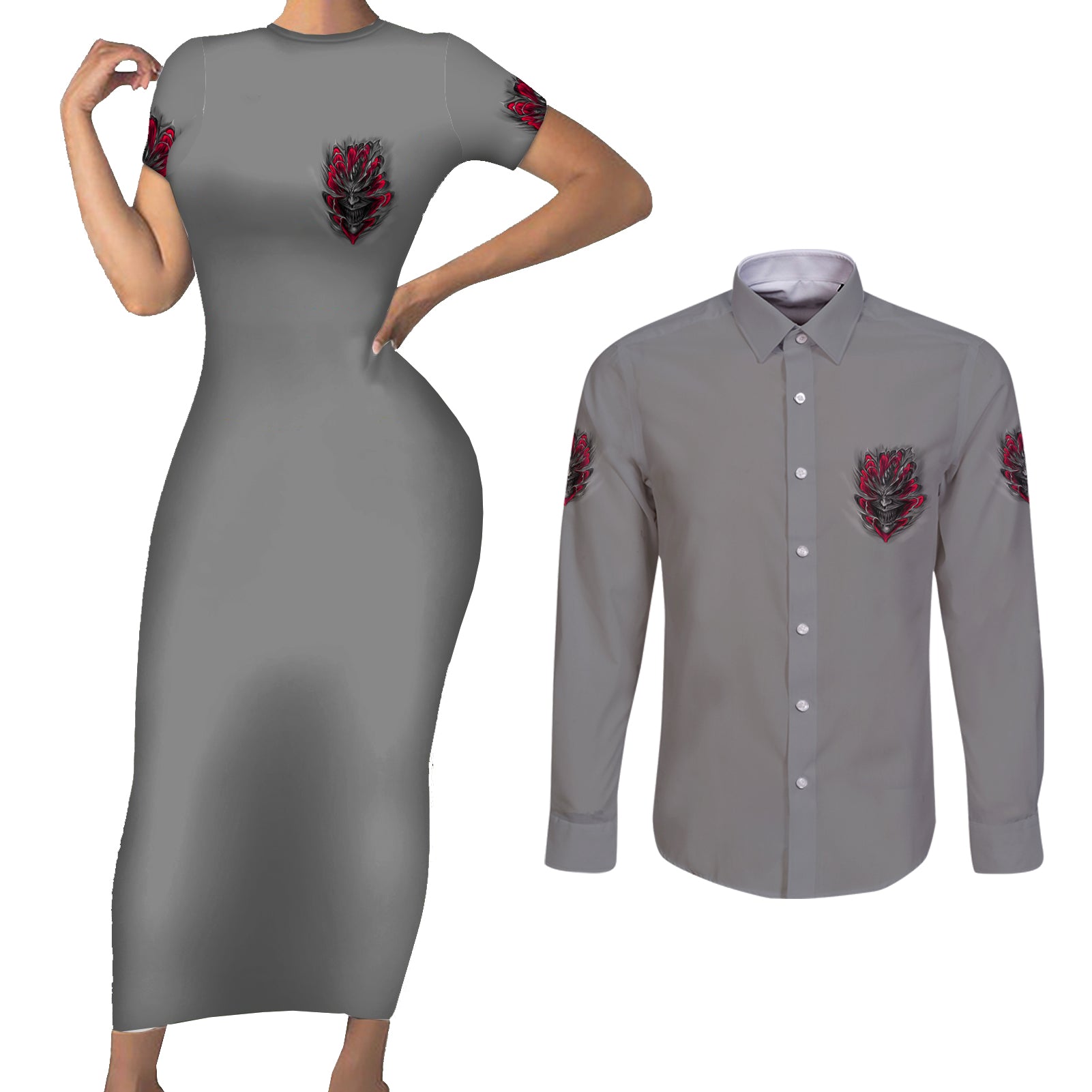 your-demons-hide-under-your-bed-couples-matching-short-sleeve-bodycon-dress-and-long-sleeve-button-shirt