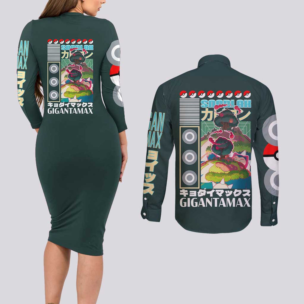 Gigantamax Snorlax Poke Couples Matching Long Sleeve Bodycon Dress and Long Sleeve Button Shirt Japan Anime Style