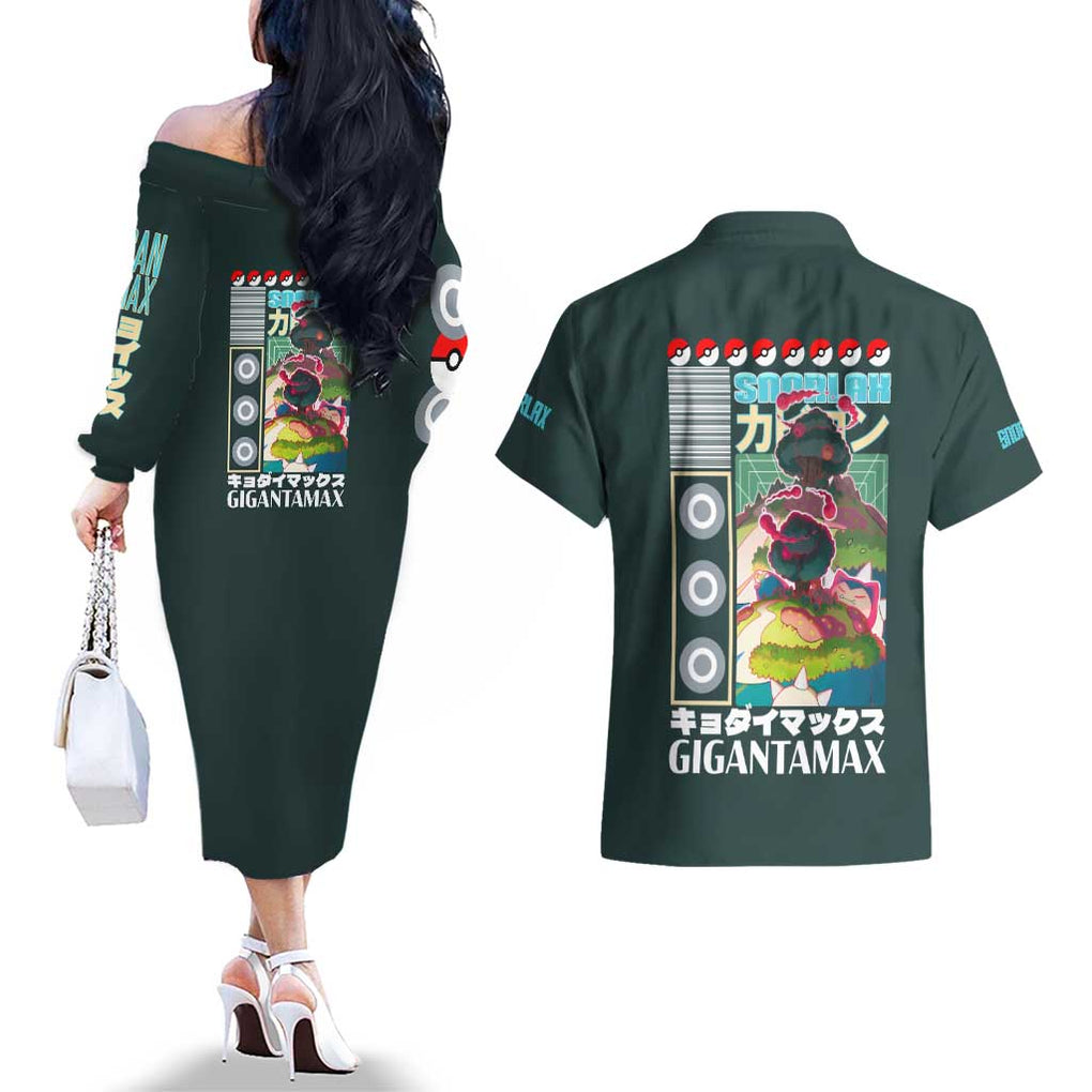 Gigantamax Snorlax Poke Couples Matching Off The Shoulder Long Sleeve Dress and Hawaiian Shirt Japan Anime Style