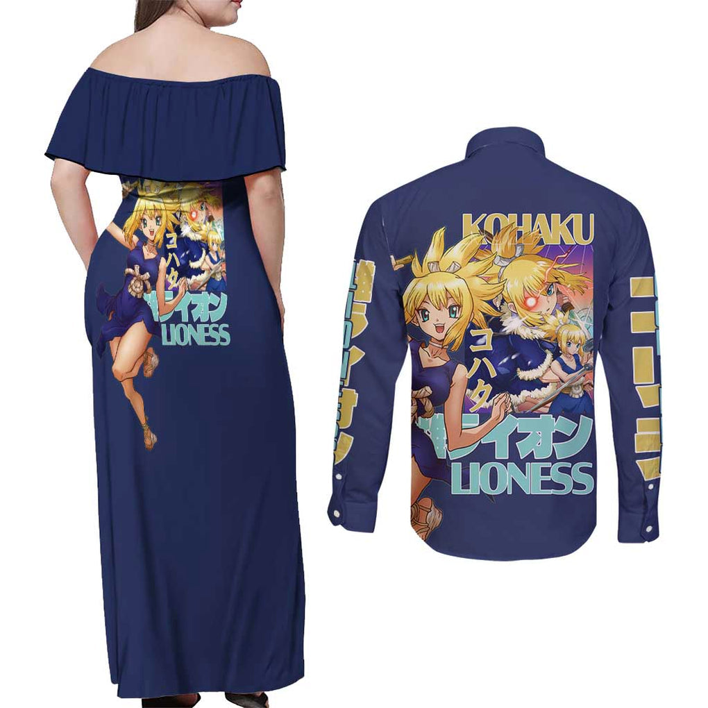 Kohaku Dr. Stone Couples Matching Off Shoulder Maxi Dress and Long Sleeve Button Shirt Japan Anime Style
