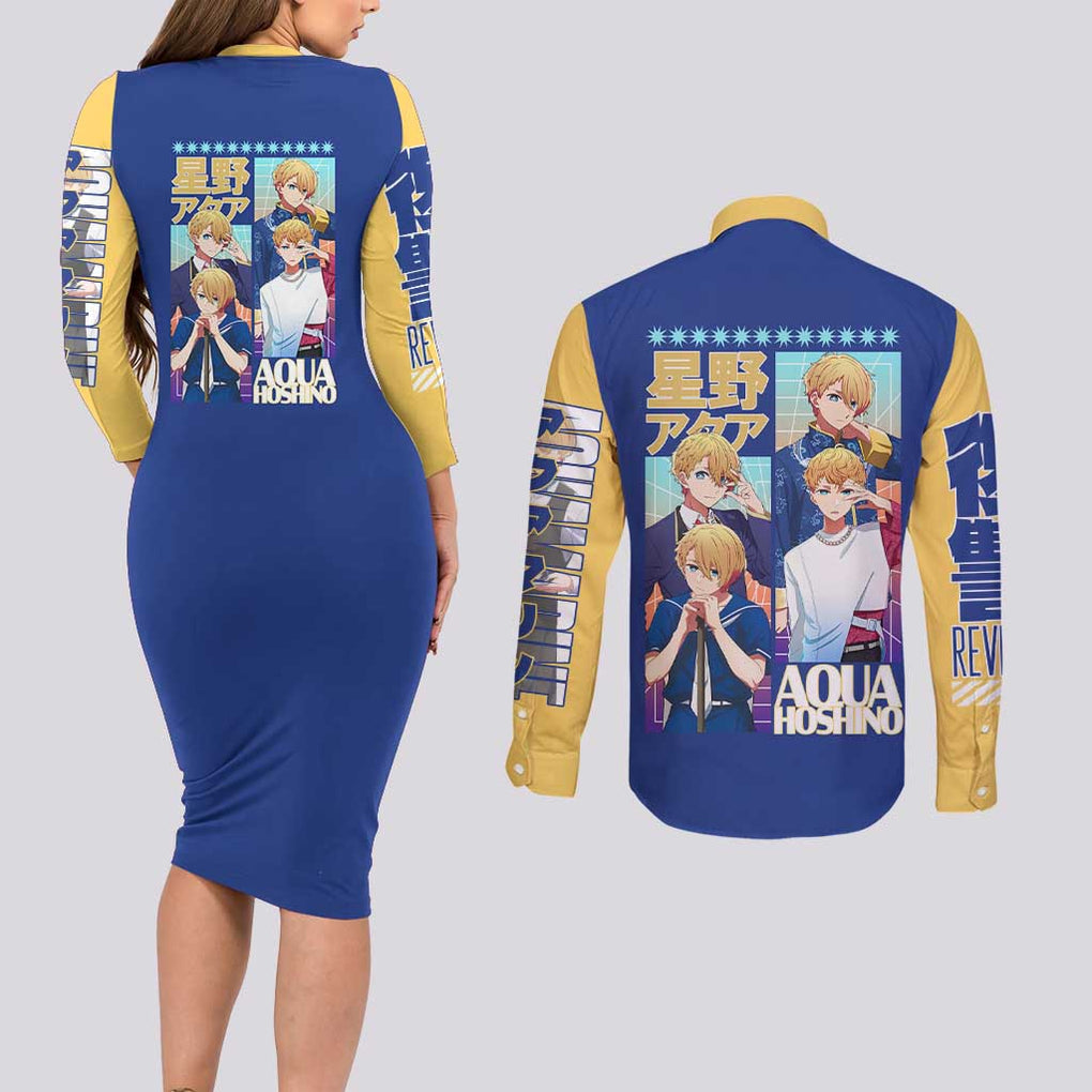 Aqua Hoshino Oshi no Ko Couples Matching Long Sleeve Bodycon Dress and Long Sleeve Button Shirt Japan Anime Style