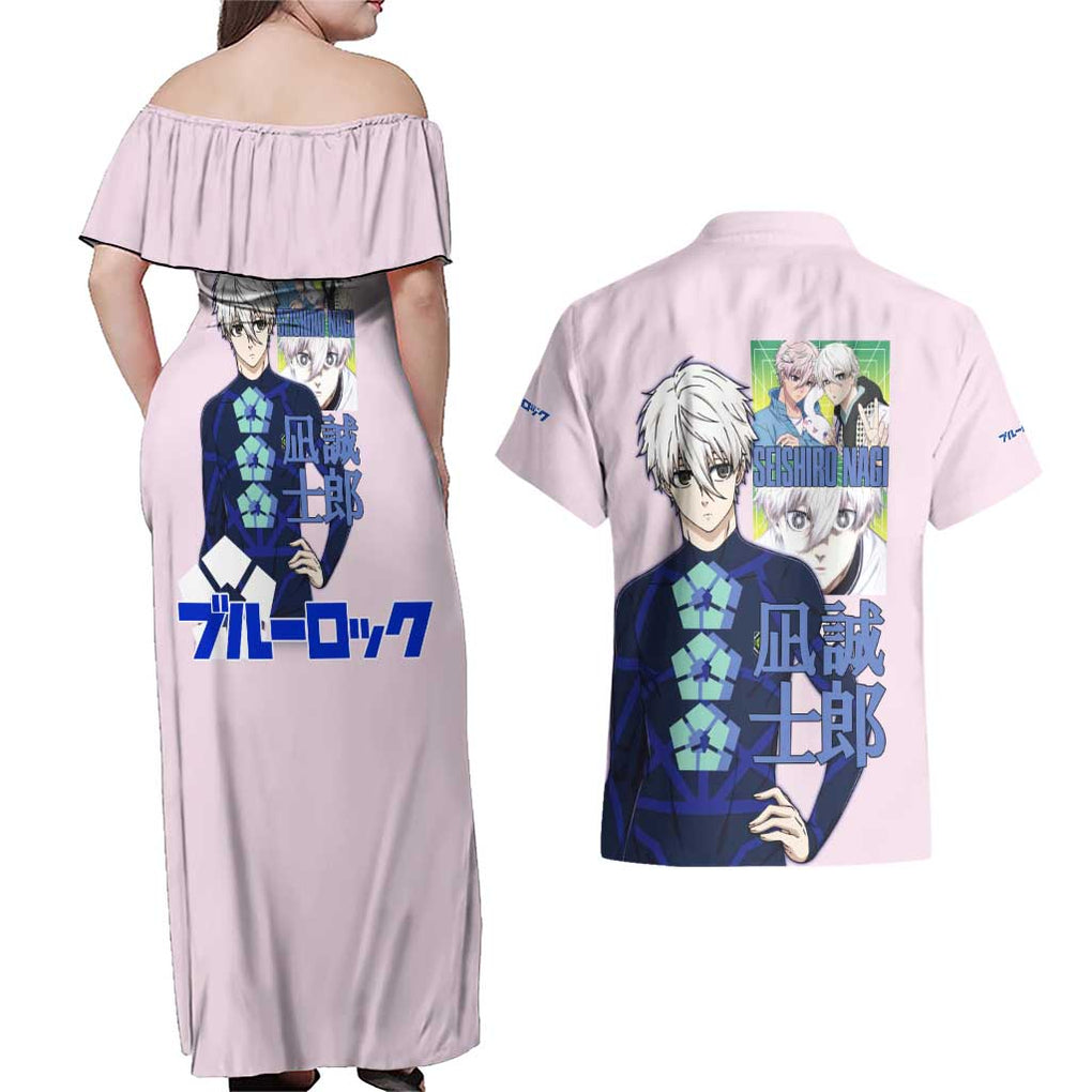 Seishiro Nagi Blue Lock Couples Matching Off Shoulder Maxi Dress and Hawaiian Shirt Japan Anime Style
