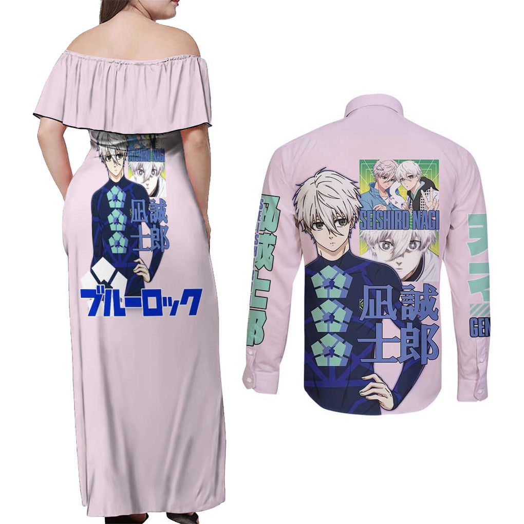 Seishiro Nagi Blue Lock Couples Matching Off Shoulder Maxi Dress and Long Sleeve Button Shirt Japan Anime Style