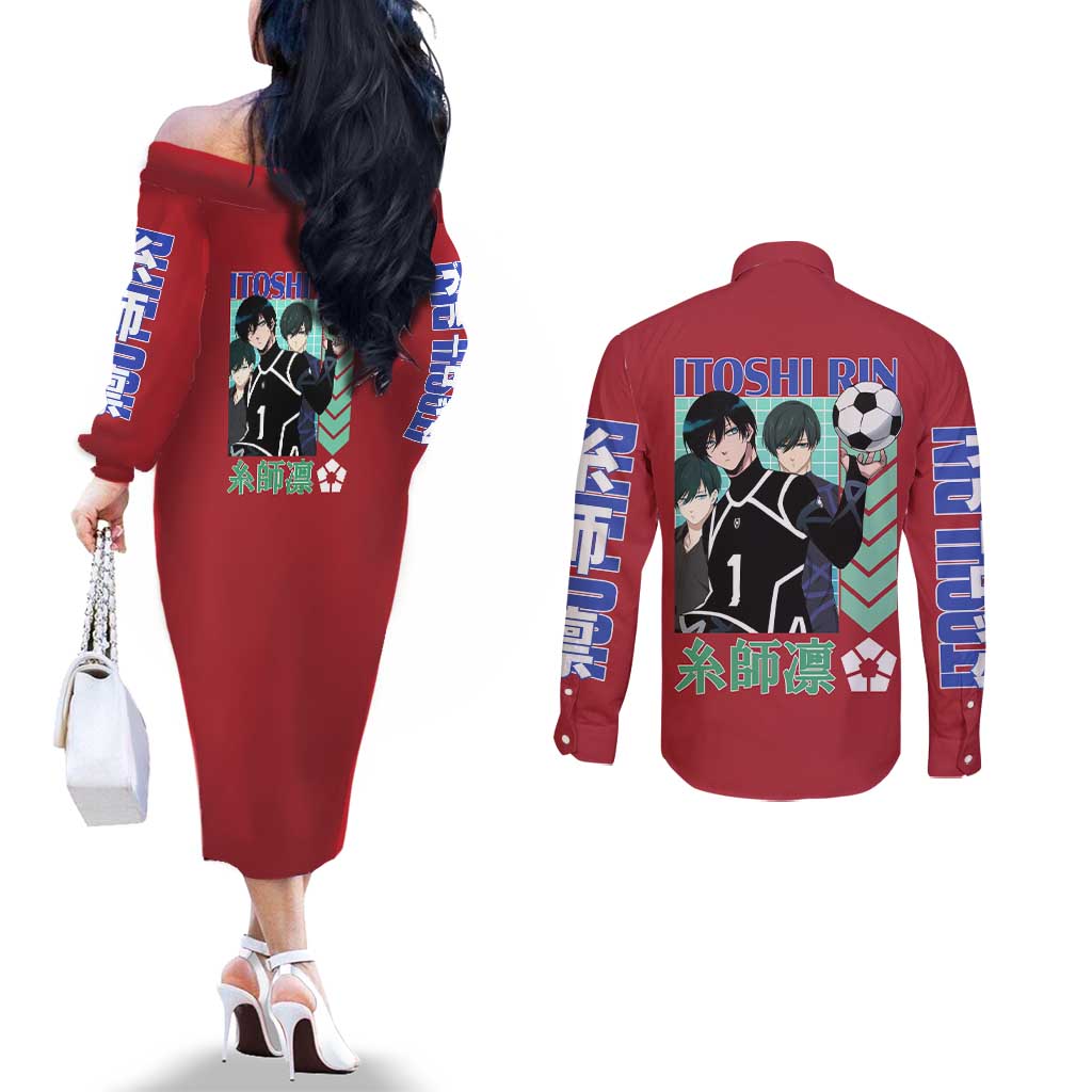 Itoshi Rin Blue Lock Couples Matching Off The Shoulder Long Sleeve Dress and Long Sleeve Button Shirt Japan Anime Style - The Mazicc