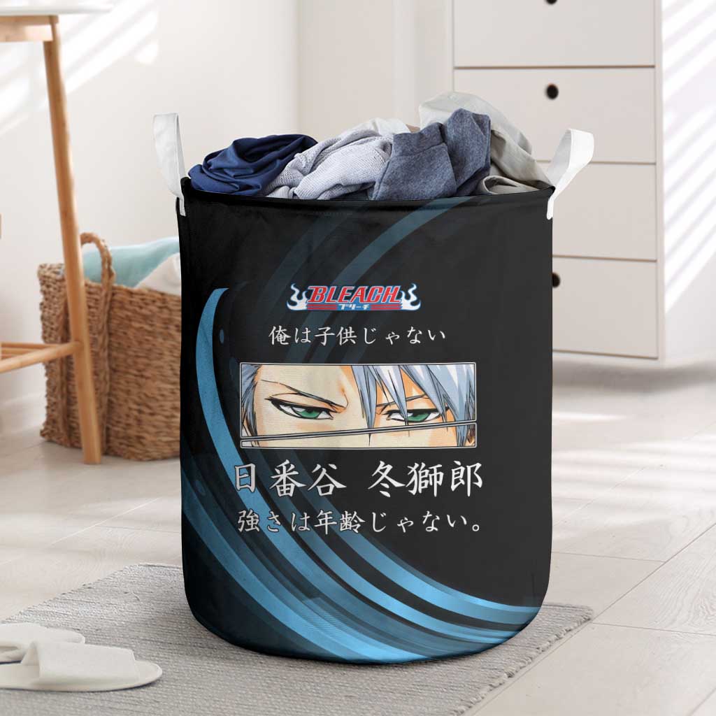 Toshiro Hitsugaya Bleach Anime Black and Blue Theme Laundry Basket with Ice Dragon Elements and Japanese Quote Design - The Mazicc