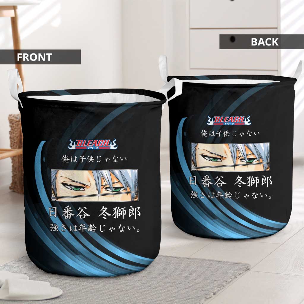 Toshiro Hitsugaya Bleach Anime Black and Blue Theme Laundry Basket with Ice Dragon Elements and Japanese Quote Design - The Mazicc
