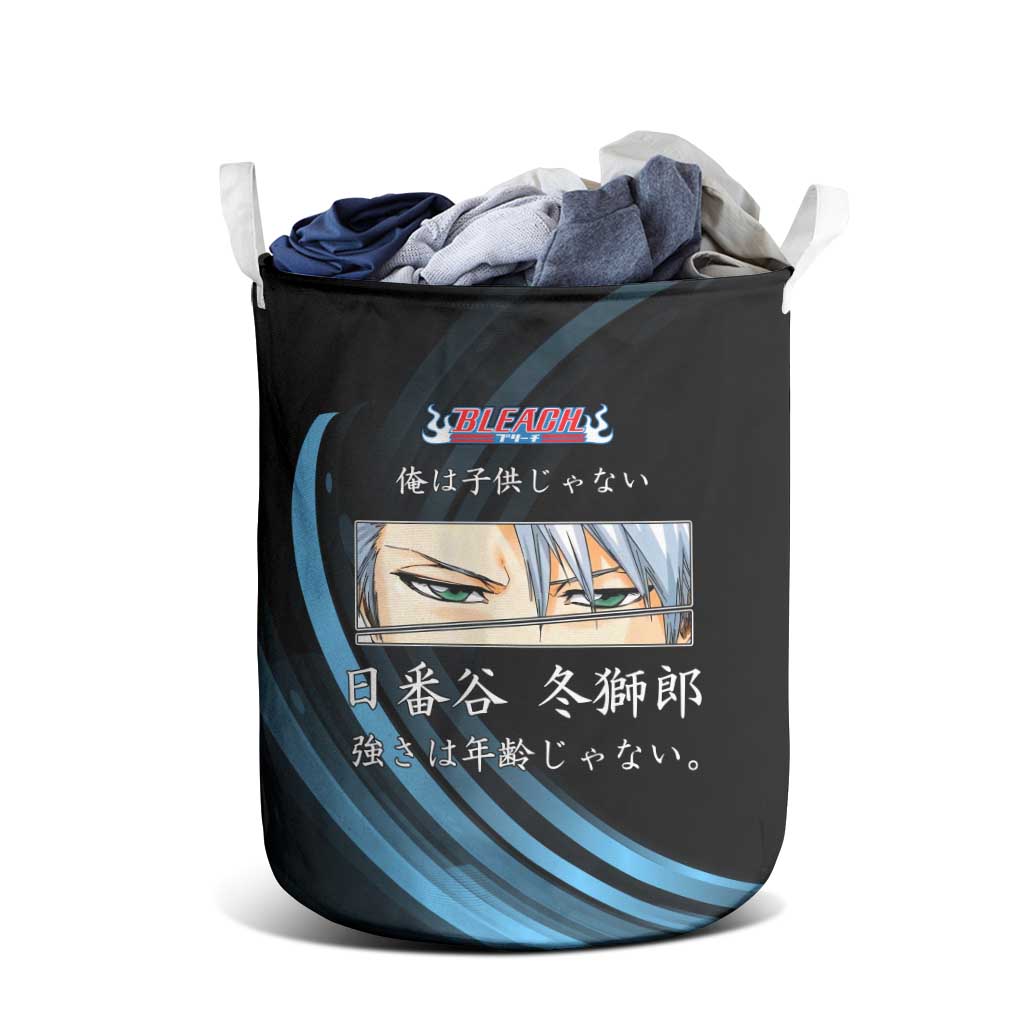 Toshiro Hitsugaya Bleach Anime Black and Blue Theme Laundry Basket with Ice Dragon Elements and Japanese Quote Design - The Mazicc