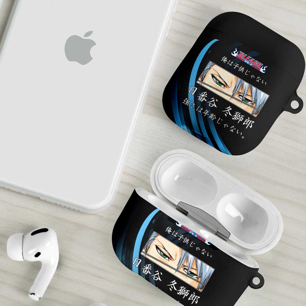 Toshiro Hitsugaya Bleach Anime Black and Blue Theme AirPods Case with Ice Dragon Elements and Japanese Quote Design - The Mazicc