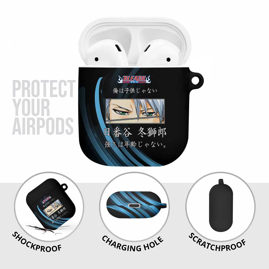 Toshiro Hitsugaya Bleach Anime Black and Blue Theme AirPods Case with Ice Dragon Elements and Japanese Quote Design - The Mazicc