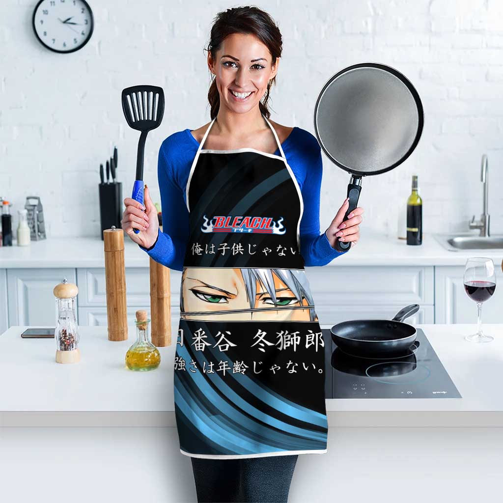 Toshiro Hitsugaya Bleach Anime Black and Blue Theme Apron with Ice Dragon Elements and Japanese Quote Design - The Mazicc